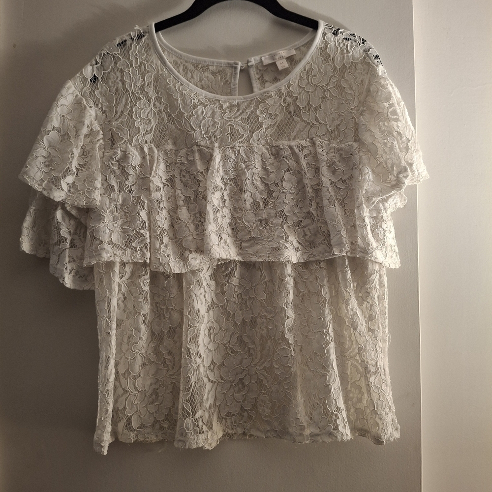 Lauren Conrad Marshmallow Tiered Ruffle Lace Women's Peplum Top